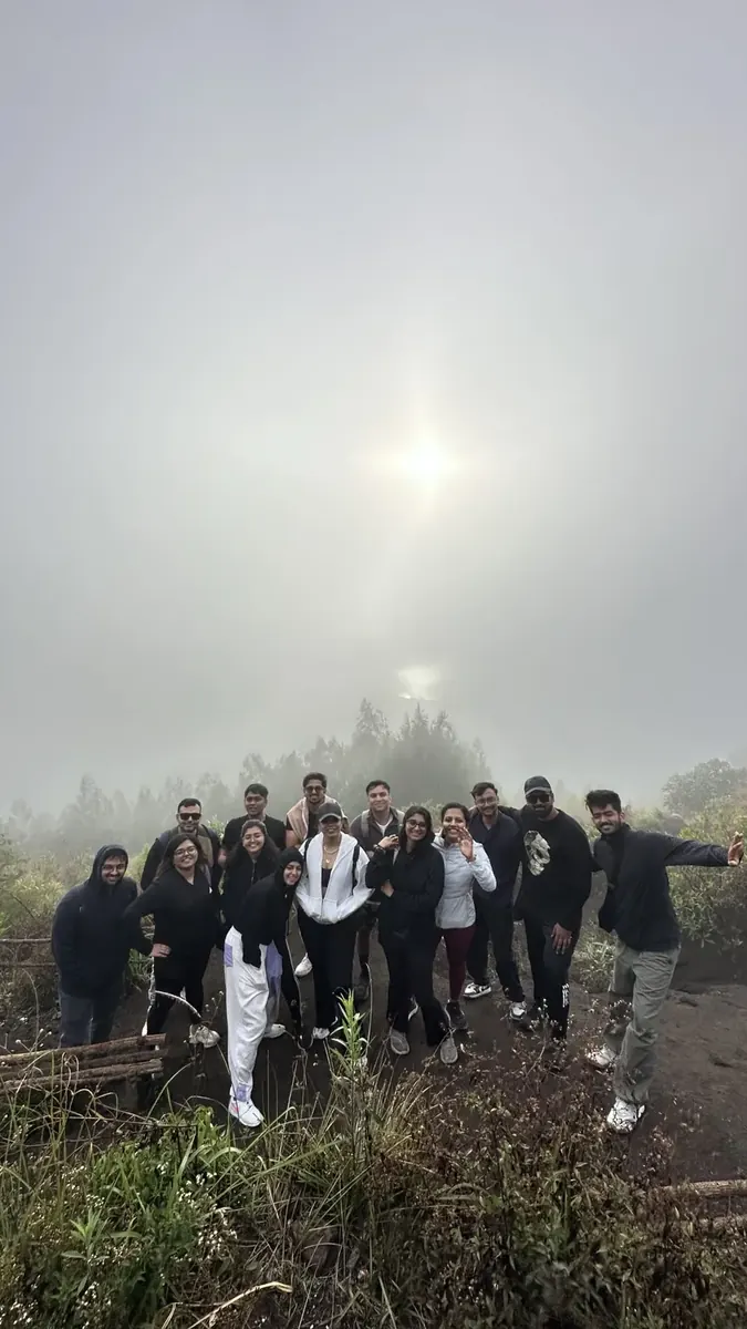 Trekking group in the morning mist